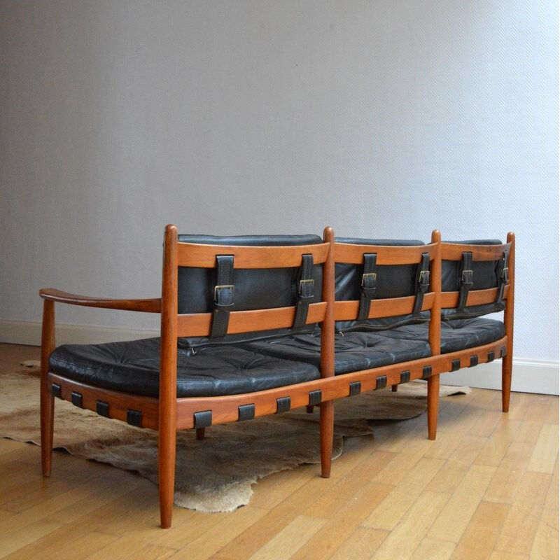 3-seater sofa in teak and black leather, Arne NORELL - 1960s