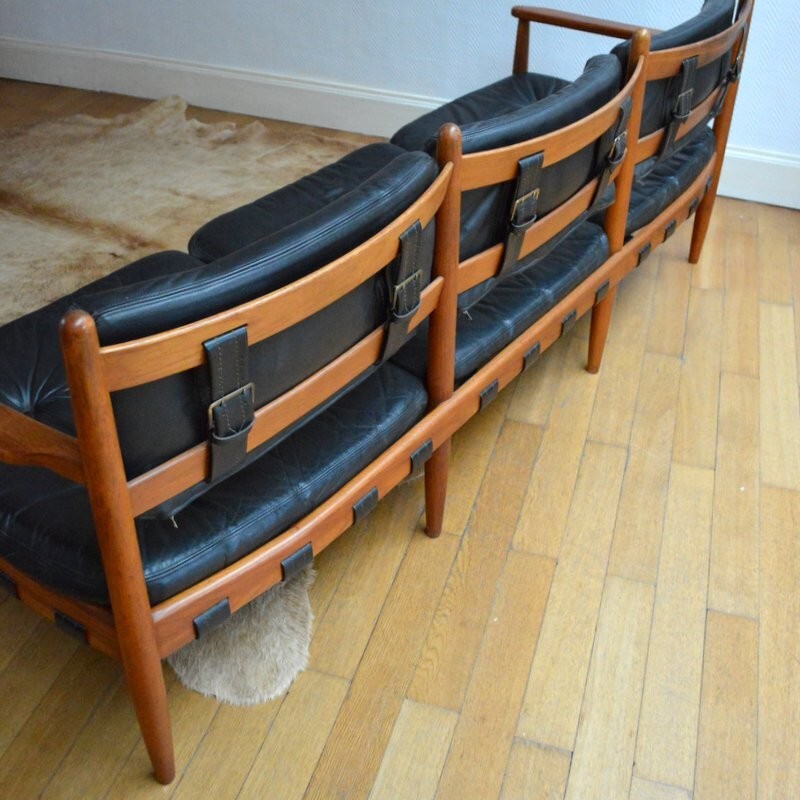 3-seater sofa in teak and black leather, Arne NORELL - 1960s