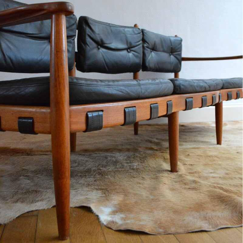 3-seater sofa in teak and black leather, Arne NORELL - 1960s