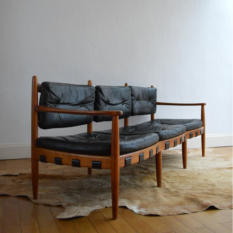 3-seater sofa in teak and black leather, Arne NORELL - 1960s