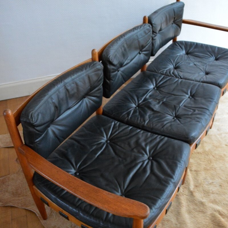 3-seater sofa in teak and black leather, Arne NORELL - 1960s