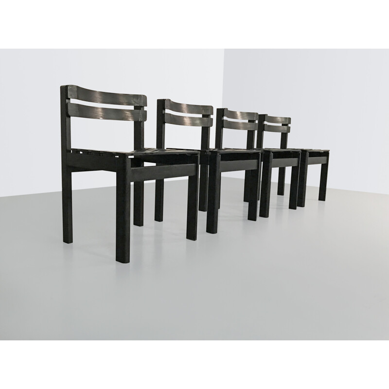 Set of 4 vintage Brutalist wooden slatted chairs, Netherlands 1970