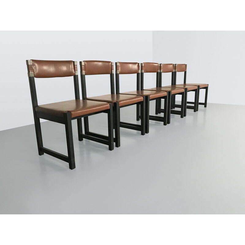 Set of 6 vintage brutalist stained oak dinning chair by Emiel Veranneman for de coene Belgium 1970s