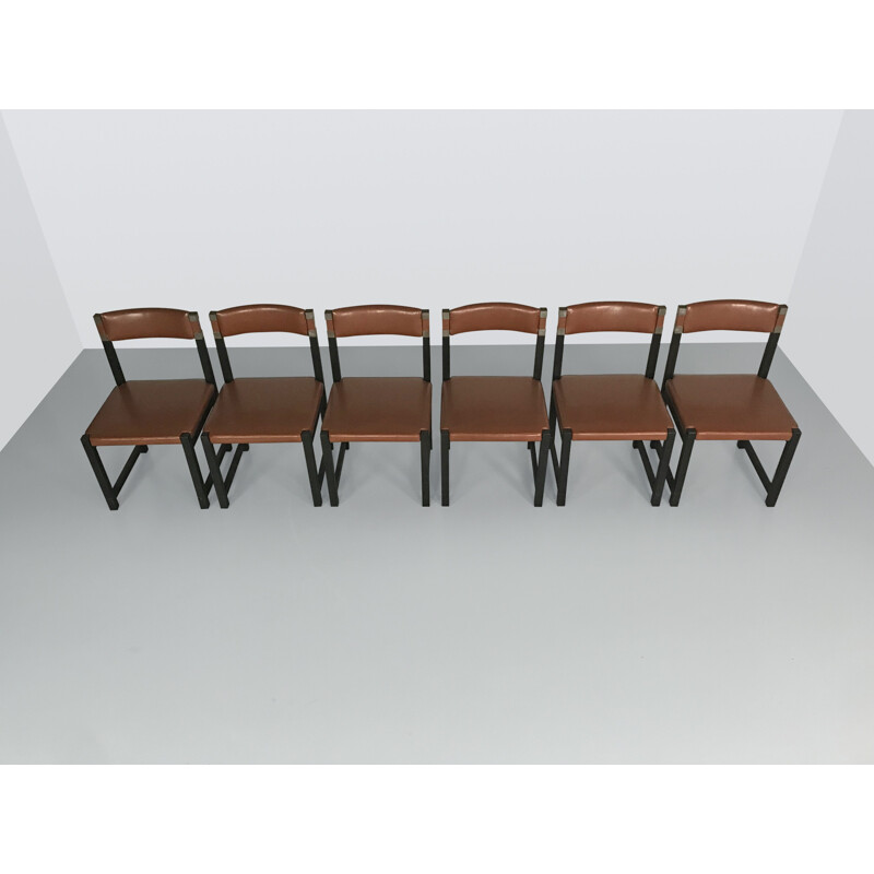 Set of 6 vintage brutalist stained oak dinning chair by Emiel Veranneman for de coene Belgium 1970s