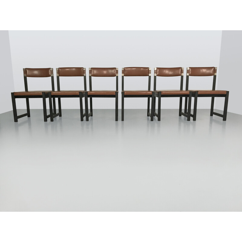 Set of 6 vintage brutalist stained oak dinning chair by Emiel Veranneman for de coene Belgium 1970s