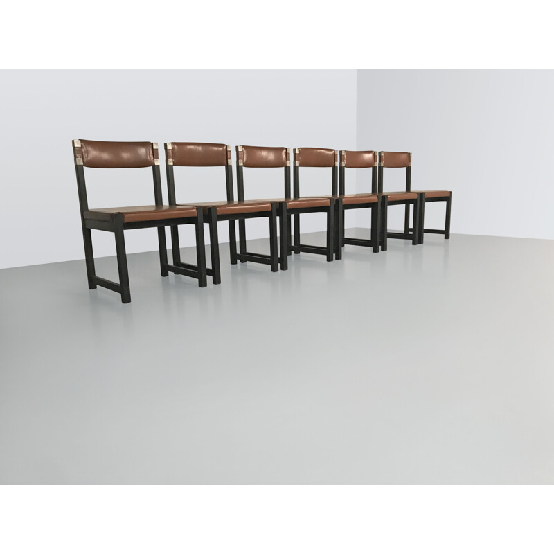 Set of 6 vintage brutalist stained oak dinning chair by Emiel Veranneman for de coene Belgium 1970s