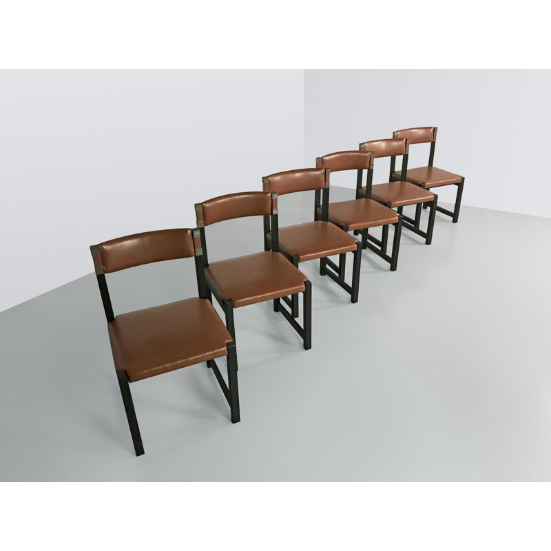 Set of 6 vintage brutalist stained oak dinning chair by Emiel Veranneman for de coene Belgium 1970s