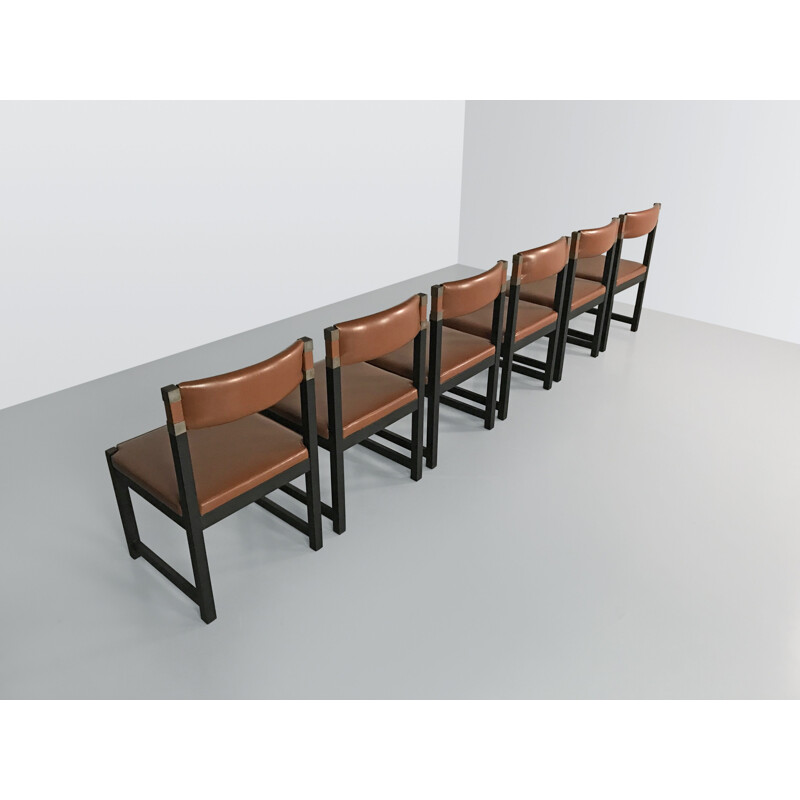 Set of 6 vintage brutalist stained oak dinning chair by Emiel Veranneman for de coene Belgium 1970s