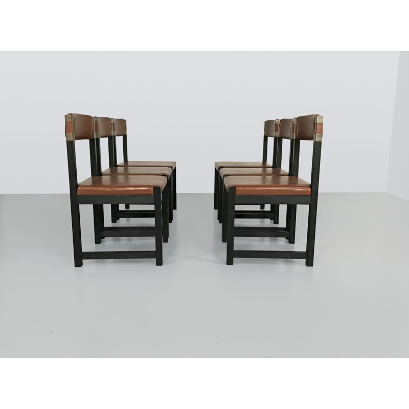 Set of 6 vintage brutalist stained oak dinning chair by Emiel Veranneman for de coene Belgium 1970s