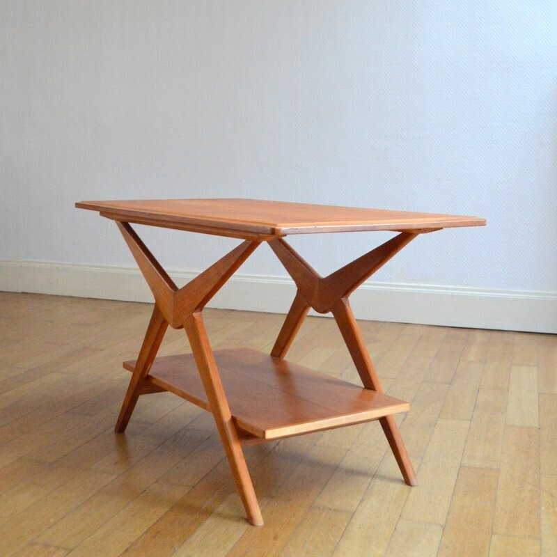 Table basse double plateau en bois blond - 1960
