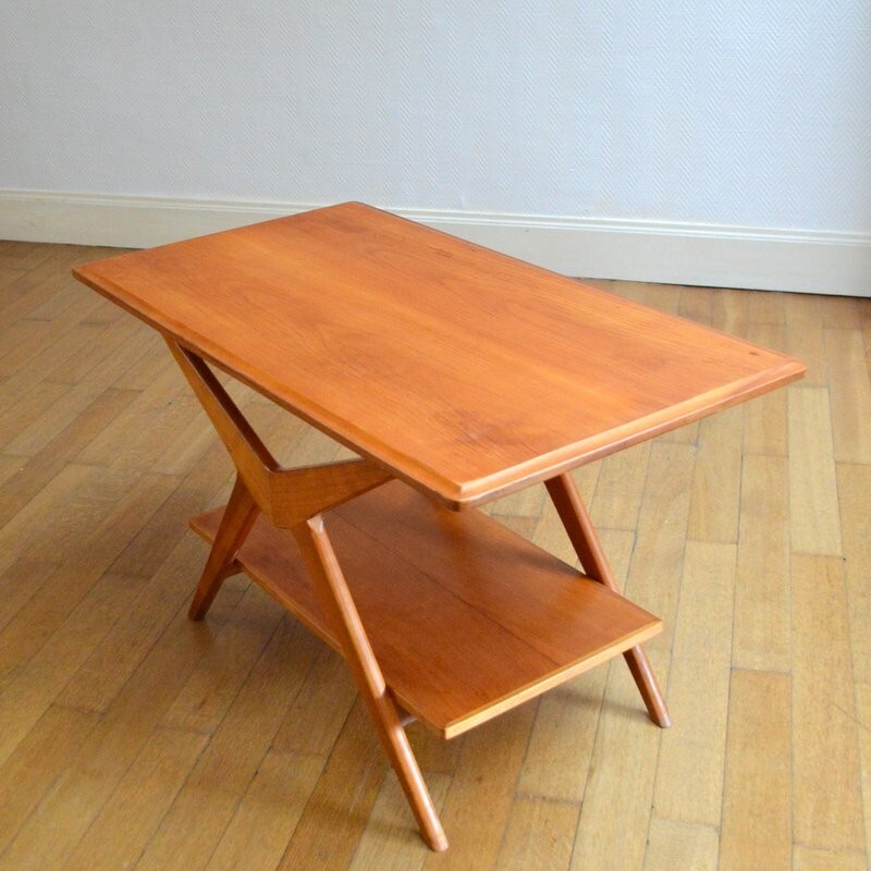 Table basse double plateau en bois blond - 1960