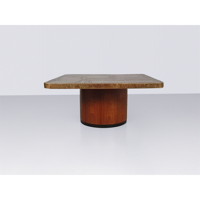 Vintage Brutalist coffee table in brass and rosewood by Heinz Lilienthal, 1970