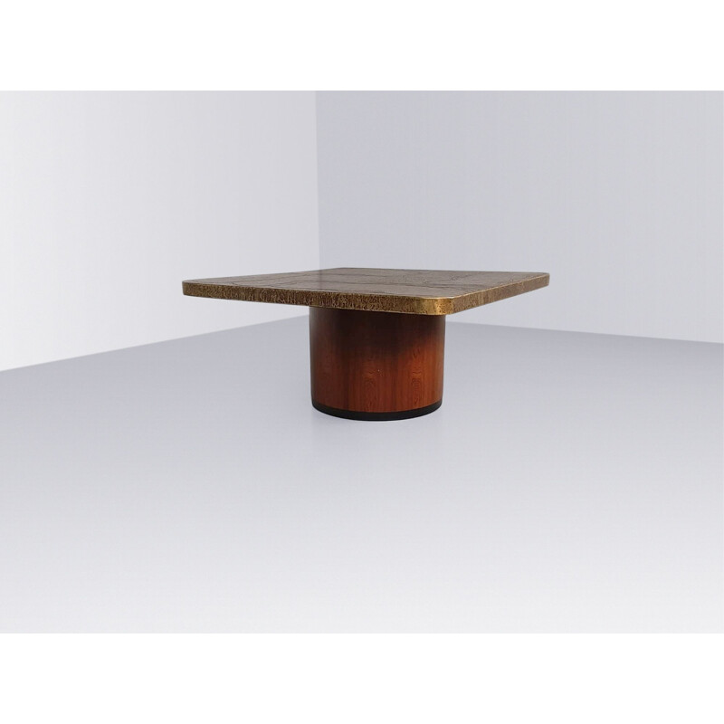 Vintage Brutalist coffee table in brass and rosewood by Heinz Lilienthal, 1970