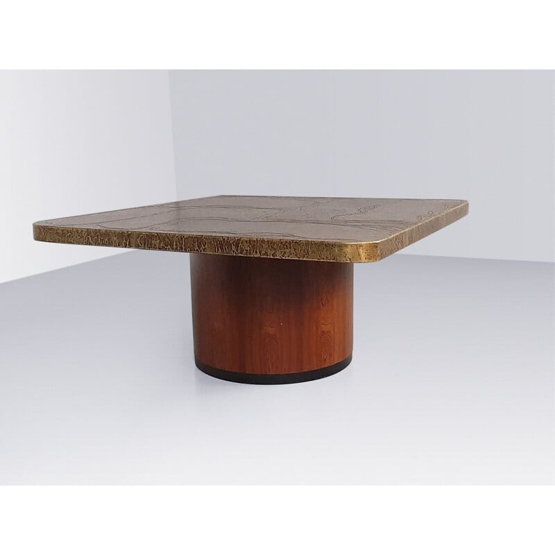 Vintage Brutalist coffee table in brass and rosewood by Heinz Lilienthal, 1970