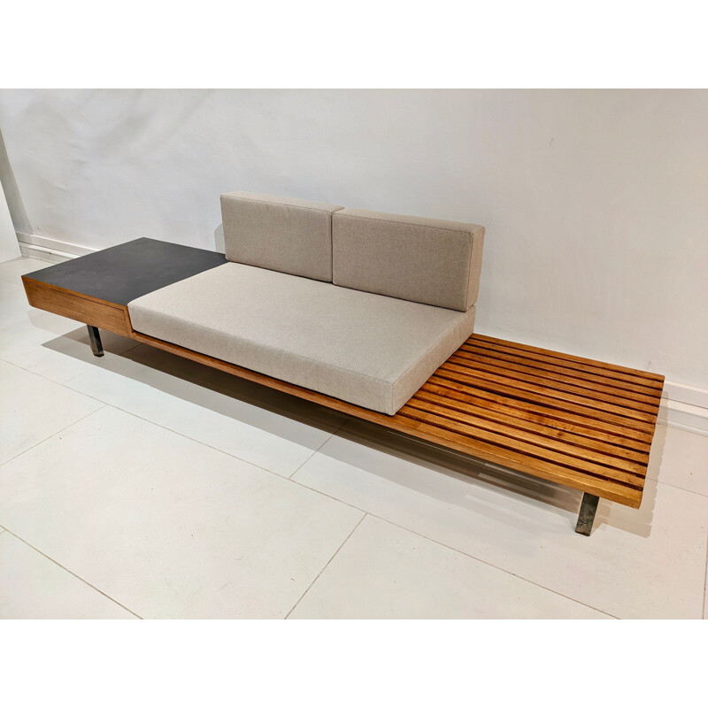Vintage Cansado bench with drawer and grey fabric cushion by Charlotte Perriand for Steph Simon, 1954