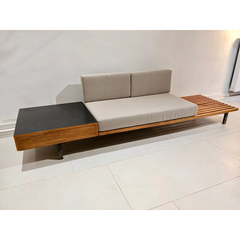 Vintage Cansado bench with drawer and grey fabric cushion by Charlotte Perriand for Steph Simon, 1954