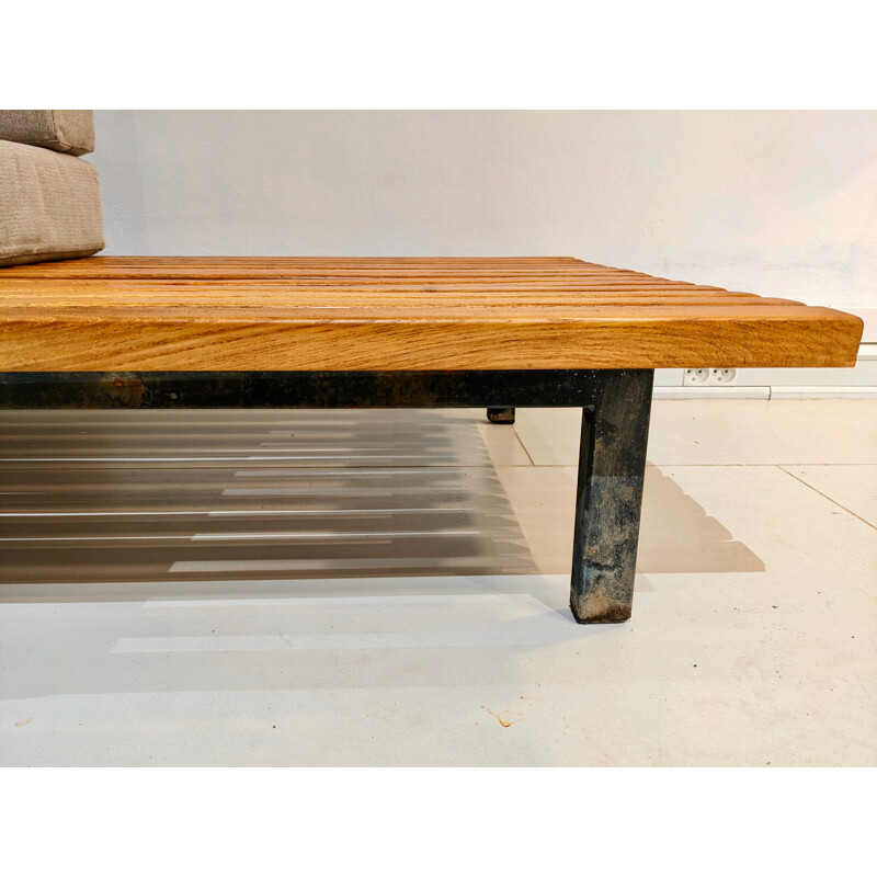 Vintage Cansado bench with drawer and grey fabric cushion by Charlotte Perriand for Steph Simon, 1954