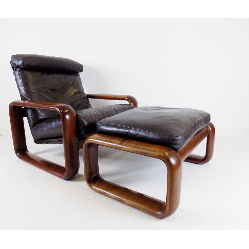 Fauteuil vintage avec ottoman en cuir de Burkhard Vogtherr, 1970