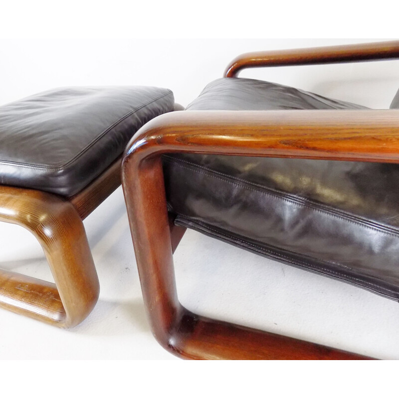 Fauteuil vintage avec ottoman en cuir de Burkhard Vogtherr, 1970