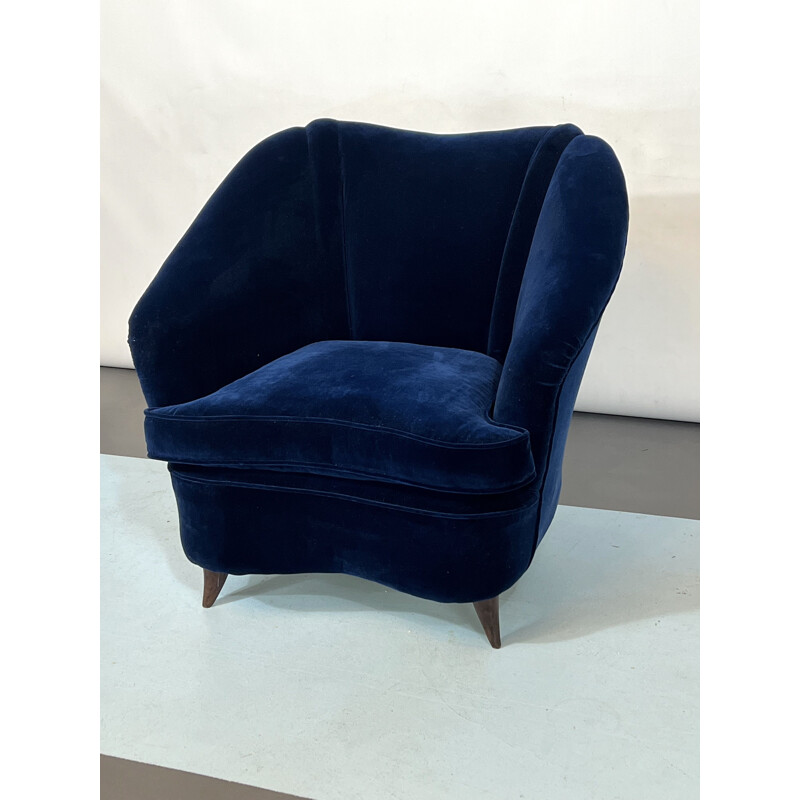 Vintage blauw fluwelen fauteuil van Gio Ponti, Italië 1950
