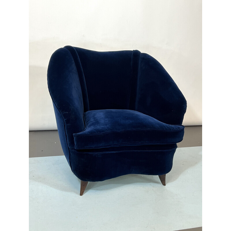 Sillón vintage de terciopelo azul de Gio Ponti, Italia 1950