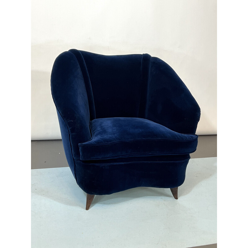 Vintage blue velvet armchair by Gio Ponti, Italy 1950s