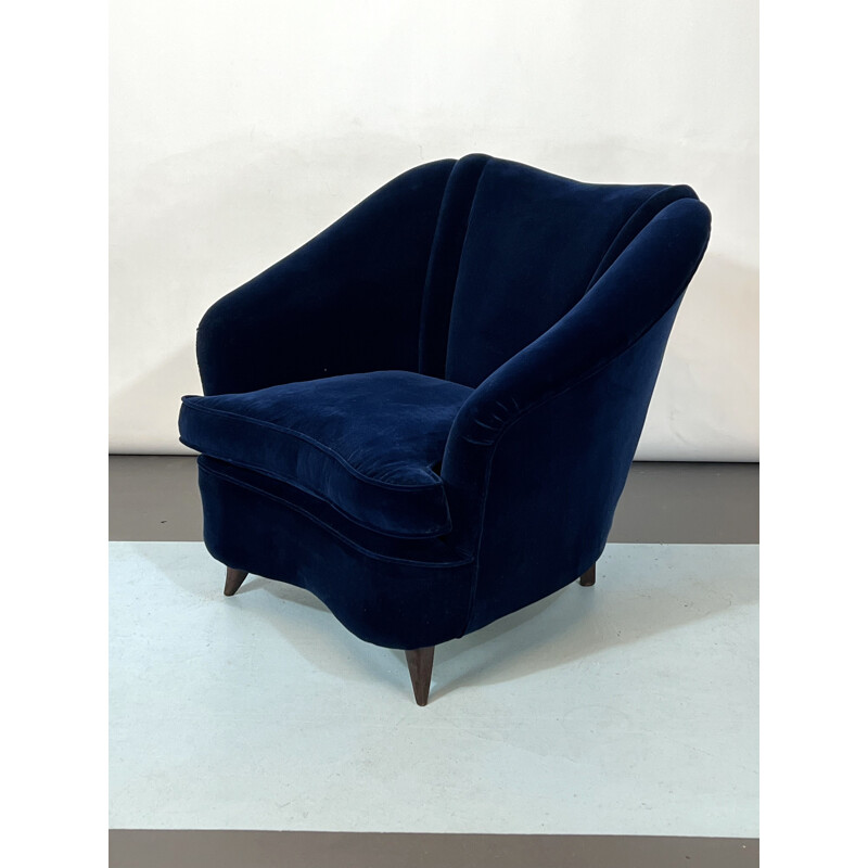 Vintage blauw fluwelen fauteuil van Gio Ponti, Italië 1950