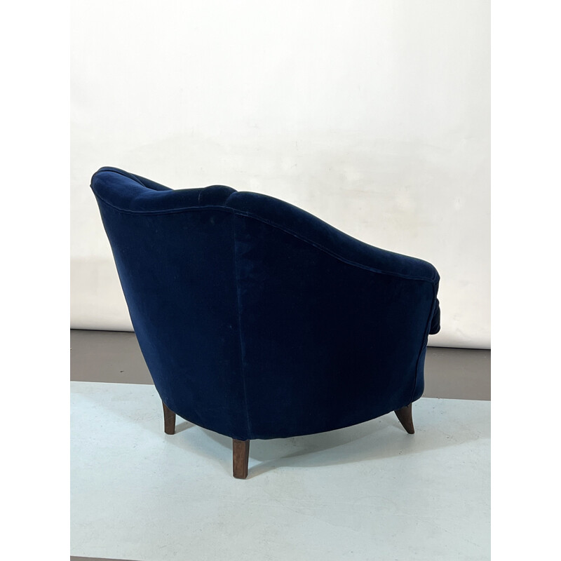 Vintage blauw fluwelen fauteuil van Gio Ponti, Italië 1950