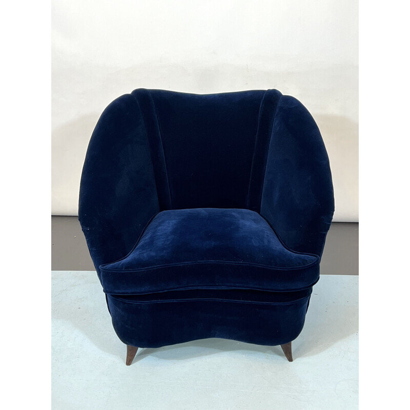 Vintage blauw fluwelen fauteuil van Gio Ponti, Italië 1950