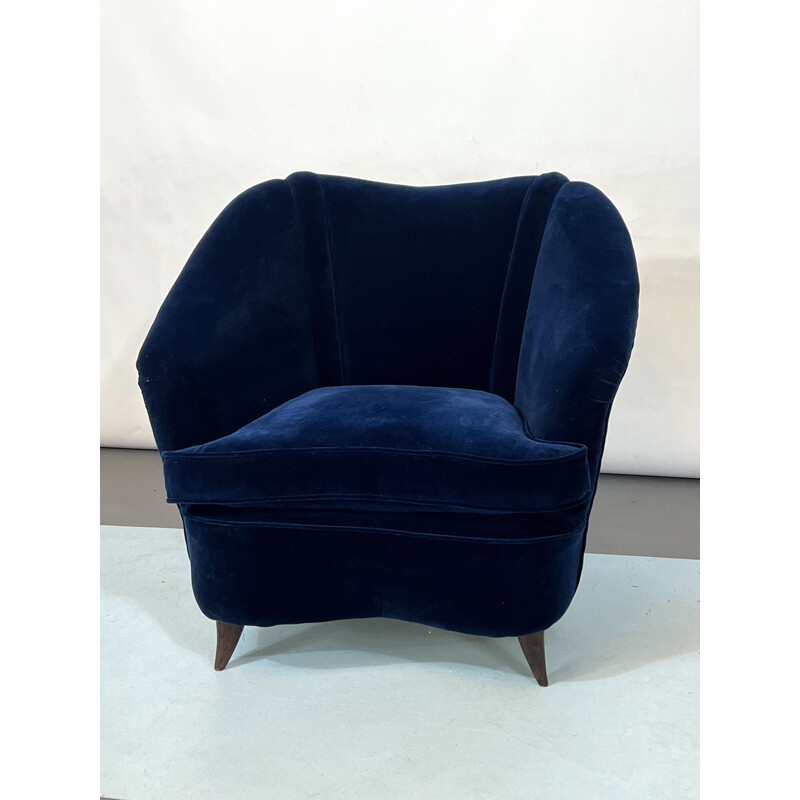 Vintage blue velvet armchair by Gio Ponti, Italy 1950s