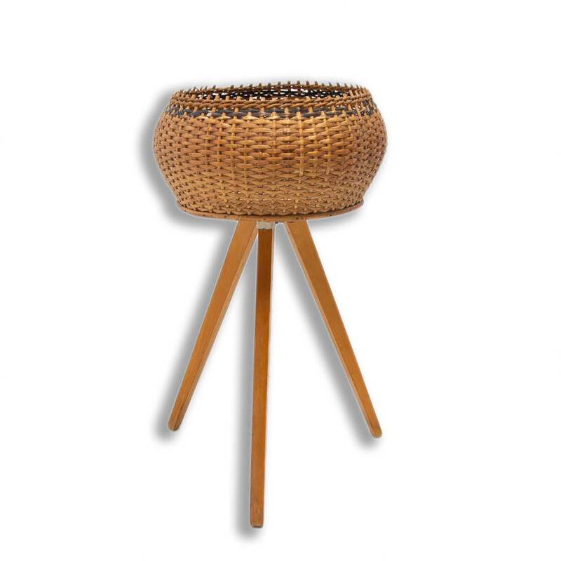 Vintage wicker and beech wood plant holder, 1960