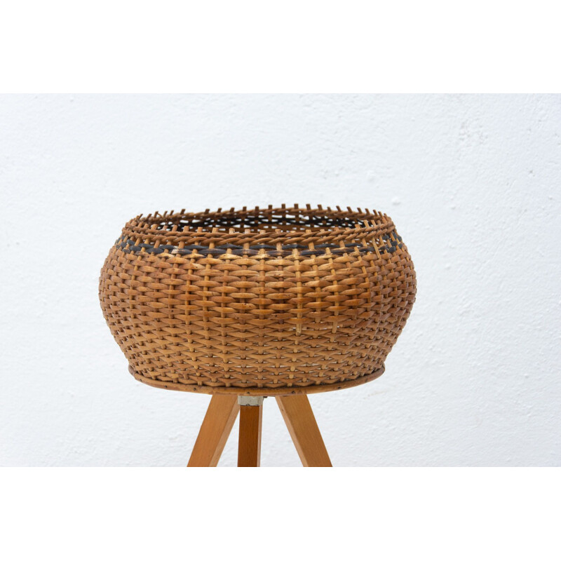 Vintage wicker and beech wood plant holder, 1960