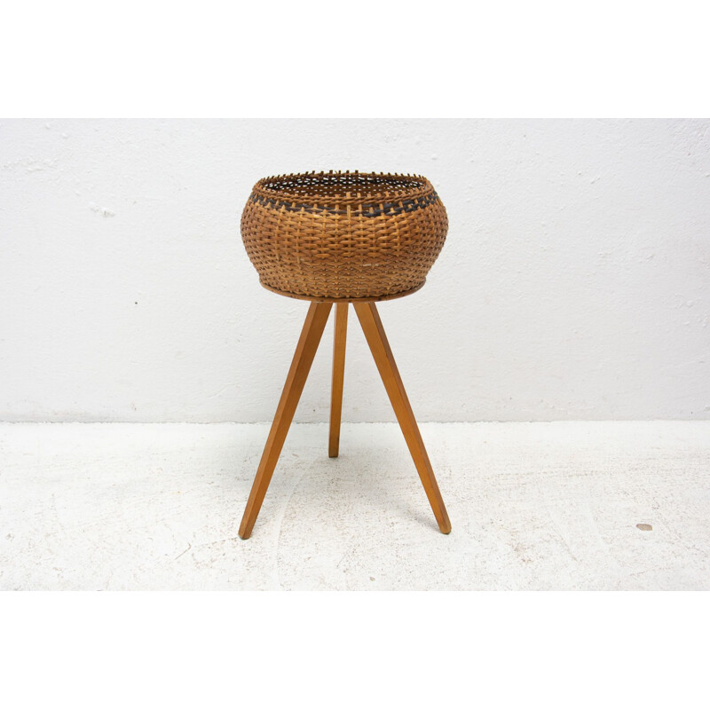 Vintage wicker and beech wood plant holder, 1960