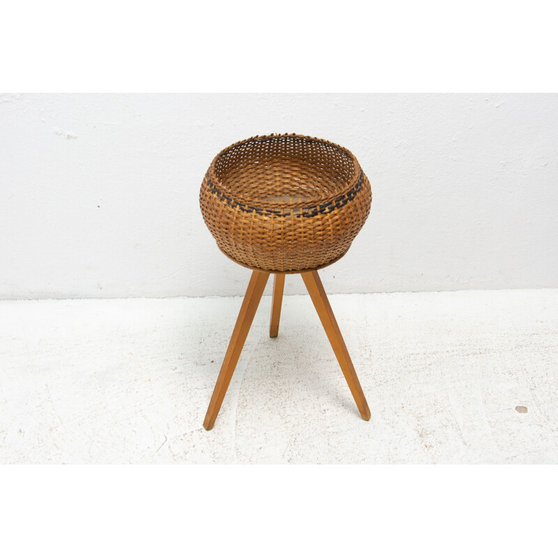 Vintage wicker and beech wood plant holder, 1960