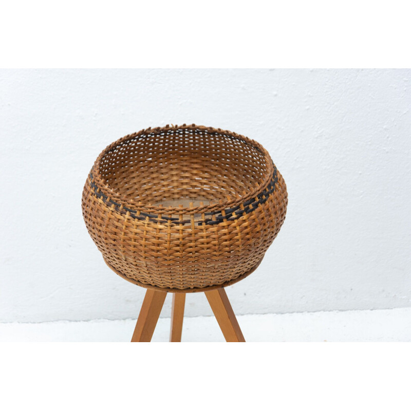 Vintage wicker and beech wood plant holder, 1960