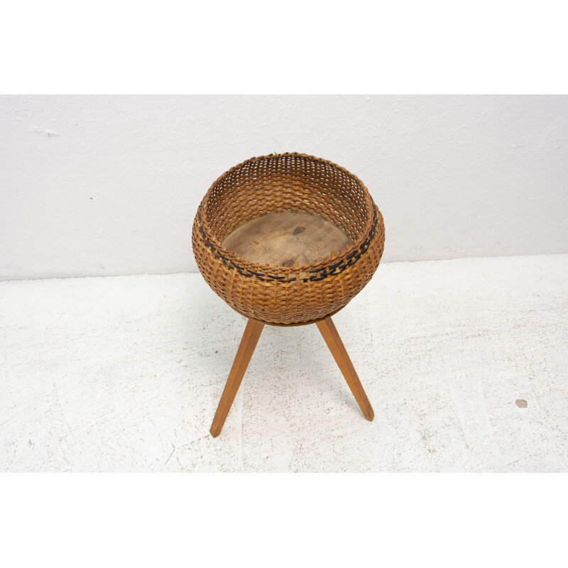 Vintage wicker and beech wood plant holder, 1960