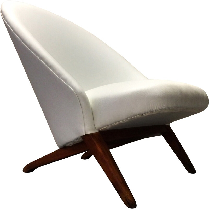 Fauteuil retapissé Artifort en teck et simili cuir blanc, Theo RUTH - 1950