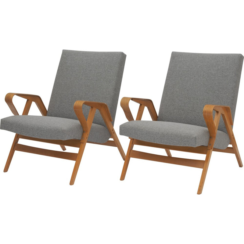 Pair of wooden Tatra Nábytok armchairs in grey fabric - 1960s