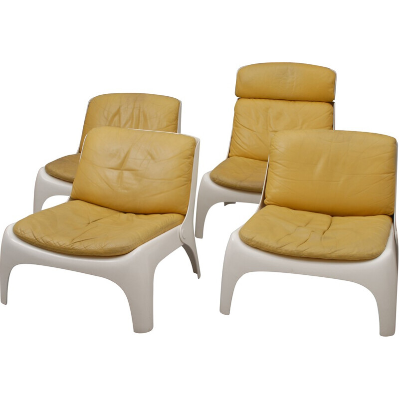 Ensemble de 4 fauteuils en fibre de verre et cuir jaune moutarde - 1970