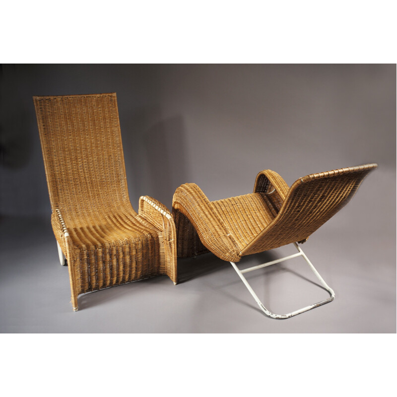 Vintage lounge chair in tubular metal and rattan - 1940s