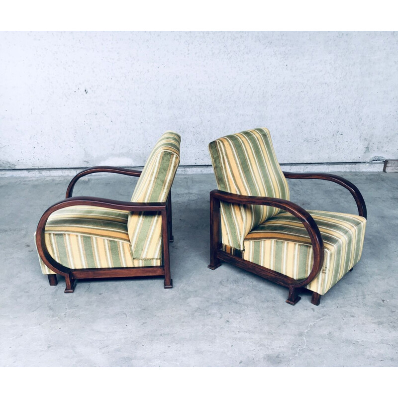 Pair Of Vintage Art Deco Bentwood And Striped Velvet Armchairs, 1930