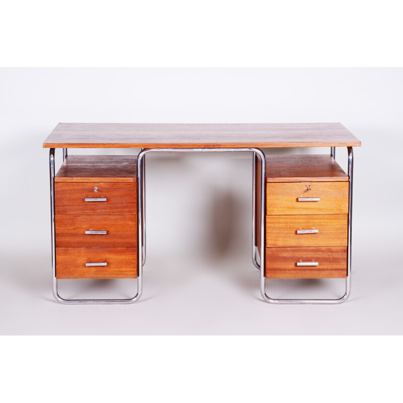 Vintage chrome steel and mahogany desk by Robert Slezak, Czech 1930