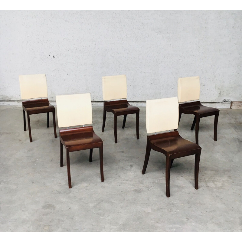 Set of 5 vintage wooden chairs "Finn" by Thibault Desombre for Ligne Roset, France 1990