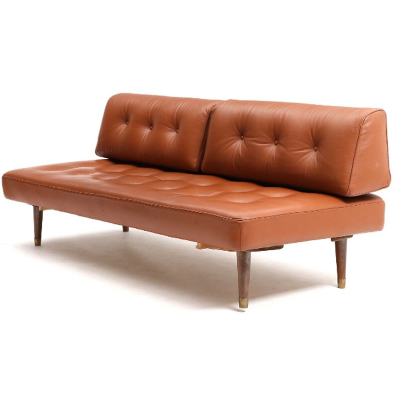 Daybed Danish sofa in cognac leather - 1950s