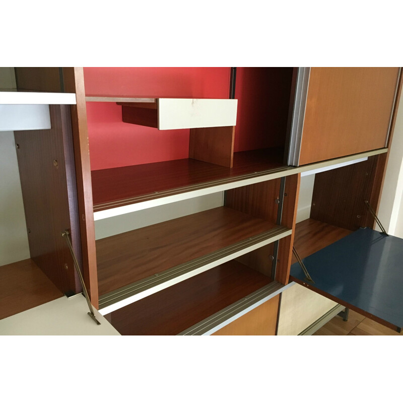 Large EFA wall cabinet in rosewood and aluminum, Georges FRYDMAN - 1950s