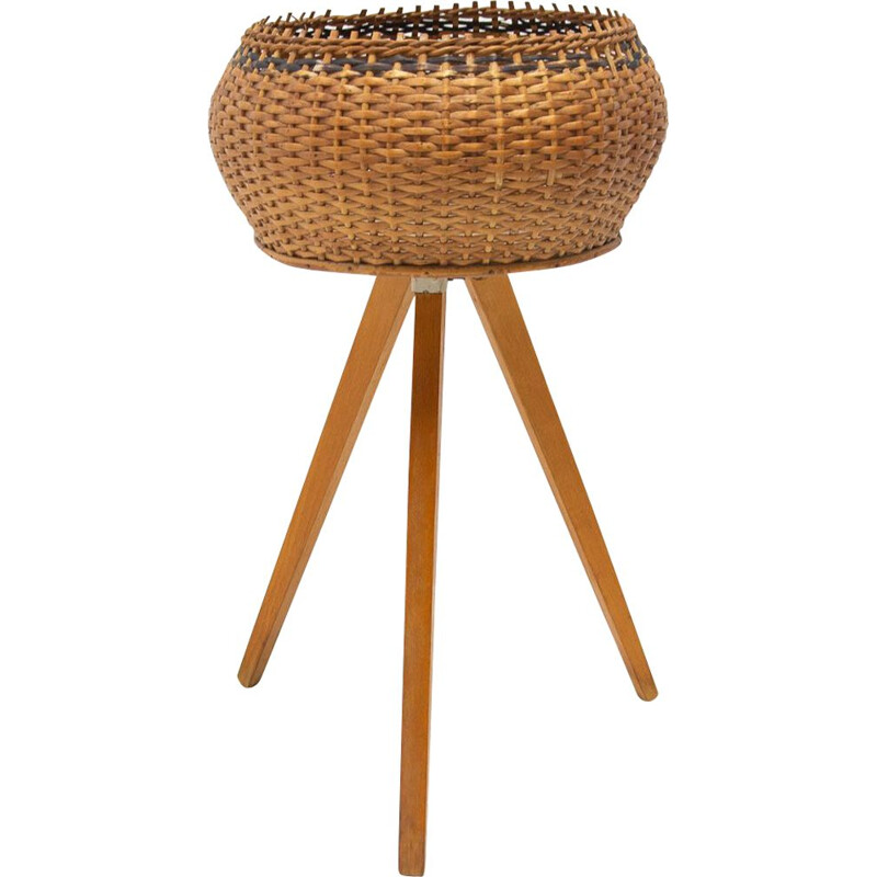 Vintage wicker and beech wood plant holder, 1960