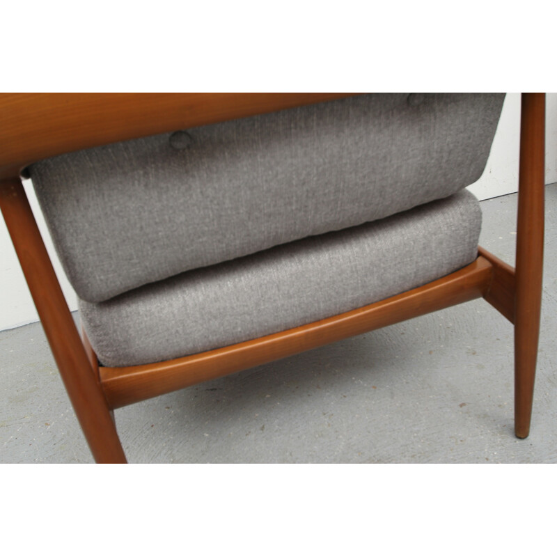 Knoll Antimott armchair in cherry wood and grey fabric - 1960s