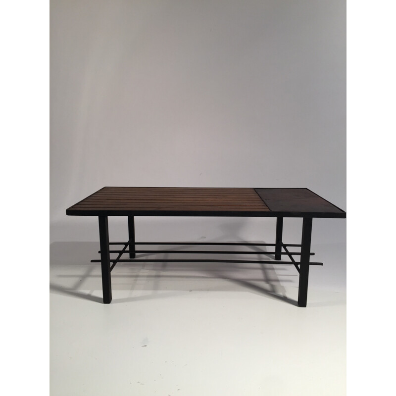 Coffee table in metal, leather and wood - 1950s 