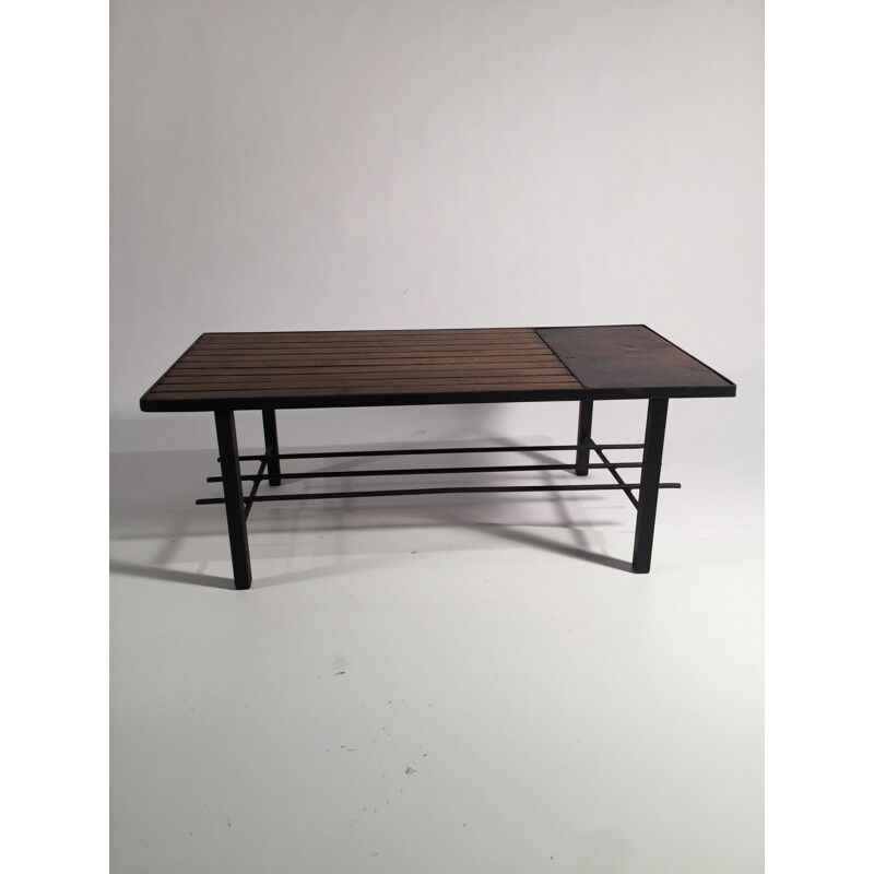 Coffee table in metal, leather and wood - 1950s 