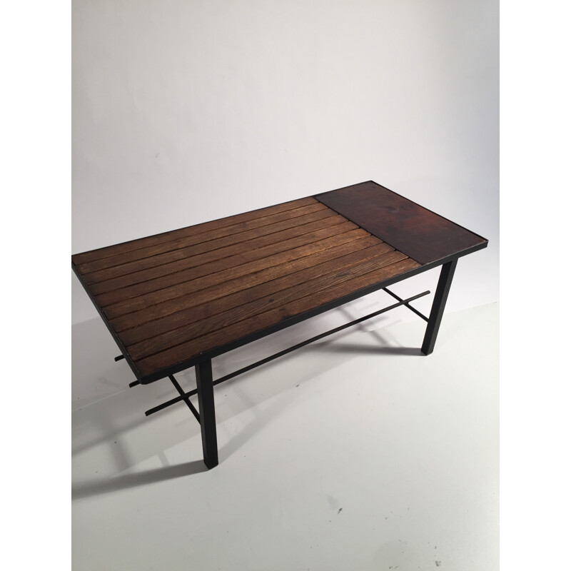 Coffee table in metal, leather and wood - 1950s 